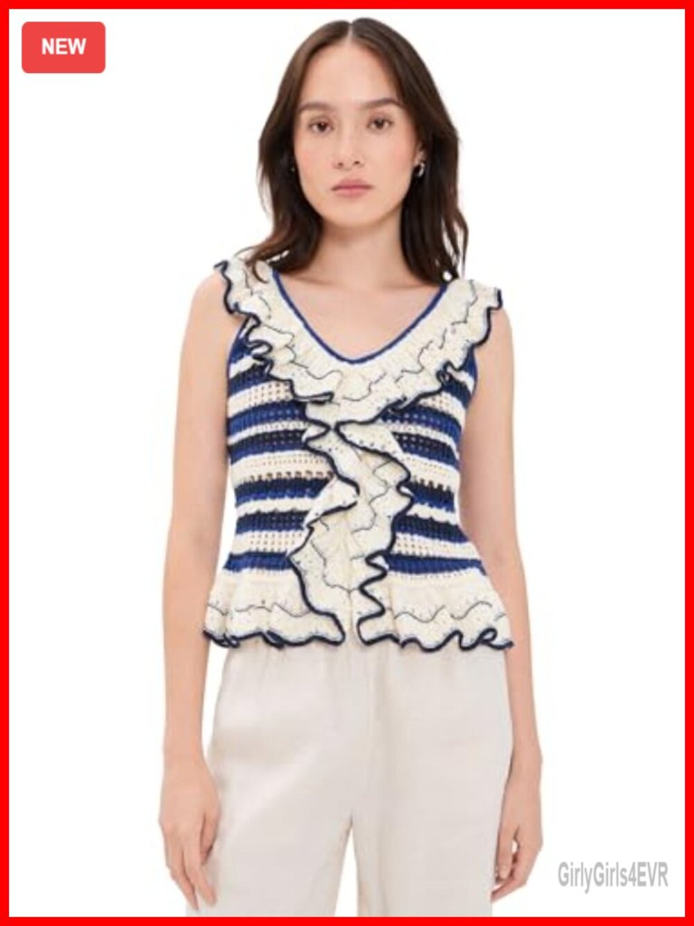 Loose Knit V-Neck Ruffle Tank Top Sleeveless Summer Casual Striped